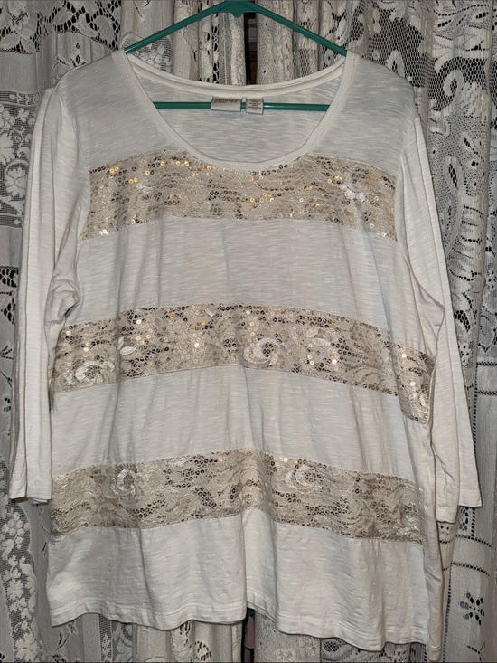 Zenergy by Chico's Tops - Chicos White Scoop Neck Long-Sleeve Top with Gold Sequin Stripes